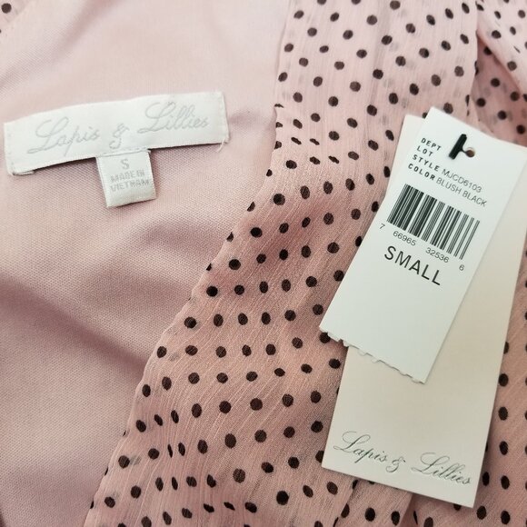 Lapis & Lillies Blush Pink & Black Dot Faux Wrap Chiffon Dress * Small * NEW Tag - Picture 9 of 9